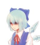  1girl :/ absurdres blue_bow blue_dress blue_eyes blue_hair bow cirno cirno_day dress flat_chest hair_between_eyes highres ice ice_wings red_eyes red_ribbon ribbon simple_background sinonon218 solo stoned touhou upper_body white_background wing_collar wings 