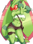 1girl abs animal_ears animal_nose artist_name bag bare_shoulders black_eyes breasts brown_shorts colored_sclera colored_skin commentary crop_top english_commentary flygon furry furry_female fusion green_skin grin happy highres hyunh211_(vontornado) large_breasts lizard_tail looking_at_viewer lopunny micro_shorts navel one_eye_closed pokemon pokemon_(creature) rabbit_ears rabbit_girl red_sclera reptile_girl shiny_skin shirt shorts shoulder_bag simple_background sleeveless sleeveless_shirt smile solo stomach stretching tail teeth thigh_pouch thigh_strap thighs toned twitter_username underboob watermark white_background white_shirt 