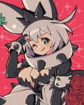  1girl :p ahoge black_gloves blue_eyes breasts bridal_veil cleavage cleavage_cutout clothing_cutout clover collar dress elbow_gloves elphelt_valentine fingerless_gloves flower four-leaf_clover gloves guilty_gear guilty_gear_xrd hairband huge_ahoge itsuka_neru large_breasts looking_at_viewer one_eye_closed red_flower red_rose rose short_hair smile spiked_collar spiked_hairband spikes tehepero tongue tongue_out veil wedding_dress white_hair 