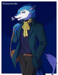  absurd_res anthro belt blue_body blue_eyes blue_fur bottomwear clothed clothing coat cosmic_noodle digital_media_(artwork) fur hi_res male multicolored_body multicolored_fur open_mouth pants scarf sergal shaded simple_background solo standing suitcase teeth teeth_showing tongue topwear white_body white_fur 