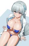  1girl arm_support bare_shoulders bikini blue_archive blue_bikini blue_eyes blunt_bangs blush breasts cleavage closed_mouth collarbone eyepatch_bikini grey_hair hair_ornament halterneck highres jacket large_breasts long_hair long_sleeves looking_at_viewer medium_breasts navel noa_(blue_archive) off_shoulder open_clothes open_shirt p-tree purple_eyes shiny_skin shirt sidelocks simple_background sitting smile solo stomach string_bikini swimsuit thighs very_long_hair white_background white_shirt 