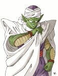  1boy cape clenched_hand colored_skin dragon_ball green_skin highres jumpsuit kakeru_(dbskakeru) piccolo pointy_ears purple_jumpsuit simple_background sleeveless solo toriyama_akira_(style) white_background white_cape 