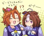  2girls :3 @_@ ahoge animal_ears biting bow bowtie breasts brown_hair closed_eyes crown horse_ears horse_girl horseshoe_ornament large_breasts long_sleeves meisho_doto_(racehorse) meisho_doto_(umamusume) mini_crown multiple_girls oishi_oiru orange_hair parody purple_eyes purple_serafuku purple_shirt sailor_collar sailor_shirt school_uniform serafuku shirt short_hair t.m._opera_o_(umamusume) tomboy tracen_school_uniform umamusume upper_body wada_ryuji white_bow white_bowtie white_hair youtube 