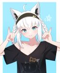  1girl absurdres ahoge animal_ear_fluff animal_ears aqua_eyes black_hairband black_shirt blue_background blue_eyes blush border braid closed_mouth collarbone commentary_request double_fox_shadow_puppet fox_ears fox_girl fox_shadow_puppet gomrang hair_between_eyes hairband highres hololive light_blue_background looking_at_viewer loose_clothes loose_shirt multiple_braids off_shoulder pentagram quad_braids shirakami_fubuki shirt short_sleeves side_braid sidelocks simple_background smile solo t-shirt upper_body virtual_youtuber white_border white_hair wide_sleeves 