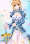 1girl ahoge artoria_pendragon_(fate) blonde_hair blue_dress blue_ribbon blush braid breasts cleavage commentary_request cowboy_shot dress excalibur_(fate/stay_night) fate/stay_night fate_(series) green_eyes hachi78b hair_ribbon hand_on_hilt highres juliet_sleeves long_sleeves looking_at_viewer medium_breasts petals puffy_sleeves ribbon saber smile solo sword weapon 