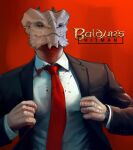  1boy baldur&#039;s_gate baldur&#039;s_gate_3 black_sclera black_suit blood blood_on_clothes colored_sclera copyright_name dark_urge_(baldur&#039;s_gate_3) dragon_boy dragon_horns dungeons_and_dragons english_commentary furry furry_male highres hitman_(game) horns male_focus necktie red_background red_eyes red_necktie shirt suit tojoafterdark watch white_shirt wristwatch 