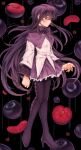  1girl akemi_homura black_background black_hair blush bow closed_mouth commentary english_commentary food fruit full_body goomyloid highres long_hair long_sleeves mahou_shoujo_madoka_magica mahou_shoujo_madoka_magica_(anime) pantyhose plum purple_eyes simple_background solo 