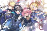  1girl 3boys ahoge astolfo_(fate) blonde_hair blue_eyes bow bradamante_(fate) cape charlemagne_(fate) coat durandal_(fate) fang fate/grand_order fate_(series) feathers garter_straps gauntlets hair_bow highres holding holding_sword holding_weapon multiple_boys necktie pink_hair pink_necktie poppoman purple_eyes roland_(fate) sword thighhighs twintails weapon white_cape white_coat 