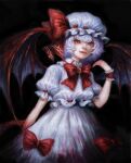  1girl bat_wings black_background bow bowtie dress faux_traditional_media frilled_dress frilled_sleeves frills hat hat_ribbon highres johnalay light_purple_hair lips mob_cap puffy_short_sleeves puffy_sleeves red_bow red_bowtie red_eyes remilia_scarlet ribbon short_hair short_sleeves simple_background solo touhou white_dress white_headwear wings wrist_cuffs 