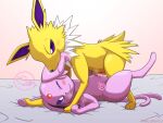  duo eeveelution espeon female generation_1_pokemon generation_2_pokemon hi_res jolteon male male/female nintendo pokemon pokemon_(species) riso_bianca 