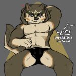  &lt;3 abs anthro big_tail blue_eyes bulge canid canine canis clothed clothing dialogue ear_piercing ear_ring fluffy fur glistening glistening_clothing glistening_underwear green_body green_fur hand_behind_head hi_res latex latex_clothing latex_underwear link_(wolf_form) looking_at_viewer male mammal muscular muscular_male navel nintendo pecs piercing pubes ring_piercing simple_background sitting smile smiling_at_viewer solo spread_legs spreading spyromancer tail tan_body tan_fur text the_legend_of_zelda underwear underwear_only white_body white_fur wolf yellow_body yellow_fur 