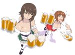  2girls beer_mug blush breasts brown_eyes brown_hair cleavage cup dirndl dropping german_clothes girls_und_panzer highres huaronanago large_breasts mug multiple_girls nishizumi_maho nishizumi_miho oktoberfest open_mouth short_hair simple_background thighhighs tripping white_background white_thighhighs 