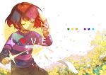  1other blue_sweater blush brown_hair brown_shorts buttons closed_eyes closed_mouth colored_skin eden_(eden871225) english_text fingernails flower frisk_(undertale) hair_between_eyes hands_up heart highres holding leaf long_sleeves paper save_point short_hair shorts solo standing star_(symbol) striped striped_sweater sweater undertale yellow_flower yellow_skin 