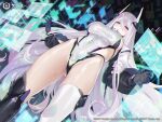  1girl absurdres asymmetrical_legwear azur_lane batsu black_thighhighs blue_gloves blush breasts commentary_request copyright_name from_below gloves hair_between_eyes highleg highleg_leotard highres kearsarge_(azur_lane) large_breasts leotard long_hair long_sleeves looking_at_viewer mismatched_legwear official_art parted_lips purple_eyes sideboob solo thighhighs thighs white_hair white_leotard white_thighhighs 