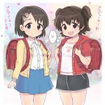  2girls 4040_(abonriya) akagi_miria backpack bag black_eyes black_hair brown_eyes brown_hair child female_child hair_ornament hairclip heart highres idolmaster idolmaster_cinderella_girls multiple_girls pleated_skirt randoseru sasaki_chie short_hair skirt spoken_heart twintails 