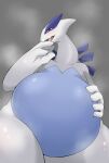  2023 ambiguous_gender anthro belly big_belly blue_belly blush female generation_2_pokemon hand_on_stomach hi_res k_busho legendary_pokemon looking_at_viewer lugia nintendo obese obese_female open_mouth overweight overweight_female pokemon pokemon_(species) simple_background solo 