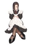  1girl apron black_eyes black_hair brown_socks crossed_legs expressionless hair_over_one_eye hat highres looking_at_viewer maid maid_apron mary_janes mob_cap original red_nails shoes simple_background sitting socks solo throtem white_background 