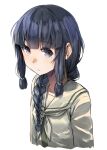  1girl black_hair blunt_bangs braid commentary_request cropped_torso flat_chest hair_ribbon highres kantai_collection kitakami_(kancolle) kitakami_kai_ni_(kancolle) long_hair long_sleeves looking_at_viewer neckerchief ribbon school_uniform serafuku shirt sidelocks single_braid solo tress_ribbon upper_body white_neckerchief white_shirt zombie_mogura 