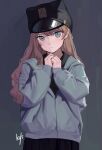  1girl :/ animal_hat artist_name baseball_cap black_headwear black_shirt black_skirt blue_eyes blush brown_hair cat_hat grey_background grey_jacket hands_up hat highres jacket kofi-mo original own_hands_together pleated_skirt shirt signature skirt solo upper_body 