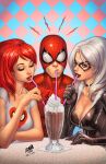  1boy 2girls argyle argyle_background black_cat_(marvel) black_choker blue_background choker david_nakayama drinking_straw felicia_hardy highres long_hair marvel mary_jane_watson mask milkshake multiple_girls pink_background red_hair red_lips shirt spider-man spider-man_(series) table two-tone_background white_hair white_shirt 