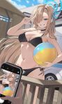  1boy 1girl absurdres asuna_(blue_archive) ball bikini black_bikini black_choker blonde_hair blue_archive blue_eyes blue_nails blue_sky breasts car cellphone choker cloud day grin halo highres holding holding_ball kookie large_breasts long_hair motor_vehicle navel outdoors phone railing sky smartphone smile solo_focus stomach strap_gap swimsuit taking_picture very_long_hair w 