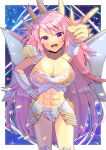  1girl :d abs arm_up armor armpits breasts cleavage commentary_request commission groin hair_between_eyes hand_on_own_hip head_tilt horns index_finger_raised kou_hiyoyo large_breasts navel original outstretched_arm pauldrons pink_hair purple_eyes shoulder_armor skeb_commission smile solo v-shaped_eyebrows white_wings wings 