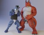  3d_(artwork) afao anthro babawolf balls belly big_belly bottomless clothed clothing digital_media_(artwork) dragon duo felid feline frill_(anatomy) genitals hands_on_belly head_crest head_frill horn humanoid_genitalia humanoid_penis kemono male male/male mammal nifans nude penis scalie shirt tank_top topwear western_dragon 