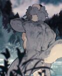 anthro balls facial_scar felid genitals green_eyes grey_body hair hi_res lake looking_at_viewer looking_back lqqq male mammal muscular muscular_male nipples nude pantherine pecs scar snow_leopard solo tail water weibo wet wet_body 