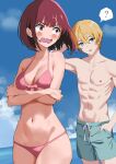  1boy 1girl arima_kana bare_arms bare_legs blonde_hair blue_eyes blue_shorts blue_sky blush bob_cut cloud cloudy_sky highres hoshino_aquamarine inverted_bob kinomiki looking_at_another navel ocean one-piece_swimsuit open_mouth oshi_no_ko pink_one-piece_swimsuit red_eyes red_hair short_hair shorts shy sky swimsuit 