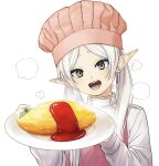  1girl apron chef_hat earrings elf food frieren green_eyes hat holding holding_plate inkdaisuki jewelry long_hair long_sleeves looking_at_viewer omelet omurice open_mouth pink_apron pink_headwear plate pointy_ears shirt simple_background smile solo sousou_no_frieren twintails upper_body white_background white_hair white_shirt 