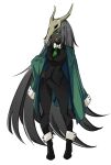  1girl absurdly_long_hair black_footwear black_pants black_vest bow bowtie coat dark-skinned_female dark_skin full_body green_coat green_eyes grey_hair grin hand_on_own_hip long_hair pants simple_background skull_on_head slay_the_spire smile solo standing the_silent very_long_hair vest white_background white_bow white_bowtie whitose 