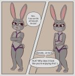  anthro clothing disney english_text female fur grey_body grey_fur hi_res judy_hopps lagomorph leporid mammal nipple_piercing nipples piercing pinkybunny rabbit solo text underwear zootopia 