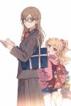  2girls aged_down aikawa_chinatsu backpack bag blonde_hair blue_eyes brown_eyes brown_hair candy food glasses highres hood hoodie idolmaster idolmaster_cinderella_girls lollipop multiple_girls ohtsuki_yui pink_hoodie randoseru school_uniform short_hair wavy_hair yumi_xsh 