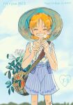  1girl aged_down bandaid bandaid_on_leg basket blouse blue_sky closed_eyes english_text feleven flower happy_birthday hat high-waist_shorts highres holding holding_flower nami_(one_piece) one_piece orange_hair plant shirt short_hair shorts sky smile solo sun_hat tank_top 