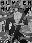  chapter_number facepaint facial_mark hand_on_hip highres hisoka_morow hunter_x_hunter kurozawa46 looking_at_viewer male_focus playing_card_theme signature solo star_(symbol) star_facial_mark teardrop_facial_mark teardrop_tattoo undressing 