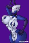  antennae_(anatomy) anthro areola arthropod big_breasts bikini biped blue_body breasts bugzilla choker clothing female genitals hand_on_head hand_on_hip hi_res hollow_knight humanoid jewelry mandibles markings multicolored_body necklace nipple_slip nipples purple_background pussy pussy_floss simple_background sling_bikini solo string_bikini swimwear team_cherry thick_thighs two_tone_body wide_hips womb_tattoo 