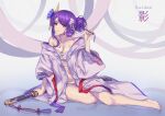  1girl bandages barefoot breasts chest_sarashi cleavage commentary_request genshin_impact hair_bun hair_ornament hair_stick highres holding holding_sword holding_weapon japanese_clothes katana kimono long_hair nairobi_song open_clothes open_kimono purple_eyes purple_hair purple_kimono raiden_shogun sarashi scabbard sheath sheathed solo sword thighs weapon 