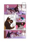  2020 abs after_sex alarm_clock anthro bed bedroom bert_(blackclownowo) blackclown00 blinds bottomwear brown_body brown_fur bruce_(tofuxal) butt canid canine canis clock clothes_on_floor clothing condom dobermann domestic_dog door dressing duo english_text fur furniture german_shepherd goodbye herding_dog hi_res lying male male/male mammal muscular muscular_anthro muscular_male nude on_front pants pastoral_dog pecs phone pillow pinscher putting_on_clothes sexual_barrier_device speech_bubble text waving_hand 