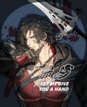  1boy black_cloak black_hair blood blood_splatter blue_eyes breast_mousepad clive_rosfield cloak earrings facial_hair fan_mu_zhang final_fantasy final_fantasy_xvi highres jewelry male_focus messy_hair metal_gloves parted_lips pectorals red_vest scar scar_on_cheek scar_on_face shirt short_hair single_earring solo stubble sword torn_clothes upper_body vest weapon white_shirt wiping_mouth 