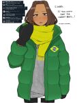  1girl blush brazilian_flag brown_hair coat earrings gloves highres jewelry long_hair long_sleeves looking_at_viewer ohasi open_mouth original scarf solo sweat sweater twitter winter_clothes winter_coat 