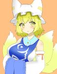  1girl absurdres animal_ears blonde_hair breasts detached_sleeves fox_ears fox_girl fox_tail hat highres looking_at_viewer medium_breasts medium_hair mob_cap multiple_tails one-hour_drawing_challenge orange_background shirokumall sleeveless solo tabard tail touhou wide_sleeves yakumo_ran yellow_eyes 