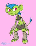  2023 blue_hair clothing digital_drawing_(artwork) digital_media_(artwork) female goblin green_body green_skin hair hi_res humanoid humanoid_pointy_ears long_arms mohawk pink_background red_eyes sharp_teeth signature simple_background solo tail tail_tuft teeth torn_clothing tribal_clothing tuft underbite zigmenthotep 