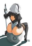  1girl 2b_(nier:automata) ass automatic_giraffe back_cutout black_footwear black_hairband boots clothing_cutout emil_(nier) feather_trim from_behind full_body hairband high_heel_boots high_heels highres legs_apart leotard long_sleeves nier:automata nier_(series) planted planted_sword puffy_long_sleeves puffy_sleeves short_hair signature simple_background sitting spread_legs sword thigh_boots thighs thong_leotard weapon white_background white_hair white_leotard 