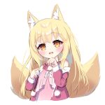  1girl :d animal_ear_fluff animal_ears bangs blonde_hair blush copyright_request cropped_torso dress fox_ears fox_girl fox_tail hands_up jacket long_hair long_sleeves looking_at_viewer off_shoulder open_clothes open_jacket orange_eyes pink_dress red_jacket siera_(sieracitrus) simple_background sleeveless sleeveless_dress smile solo tail upper_body very_long_hair white_background 