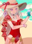  1girl beach breasts cleavage edelgard_von_hresvelg fire_emblem fire_emblem:_three_houses hat highres jewelry light_smile necklace one-piece_swimsuit purple_eyes ruuu_ran_ran smile solo sun_hat swimsuit white_hair 