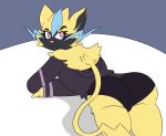  anthro clothed clothing digital_media_(artwork) drayx felid female fur generation_7_pokemon hi_res legendary_pokemon looking_at_viewer mammal nintendo panties pink_eyes pokemon pokemon_(species) simple_background solo sweater topwear underwear yellow_body yellow_fur zeraora 