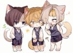  1girl 2boys animal_ears blonde_hair cat_boy cat_ears cat_tail demian_(limbus_company) dog_boy dog_ears dog_girl dog_tail highres kromer_(limbus_company) limbus_company migishita multiple_boys project_moon simple_background sinclair_(limbus_company) tail white_background 