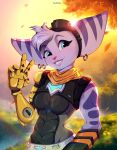 2023 anthro belt blue_eyes breasts clothing cybernetic_arm cybernetic_limb ear_piercing ear_ring eyebrows eyelashes eyewear eyewear_on_head female fur gesture gloves goggles goggles_on_head handwear hi_res lombax looking_at_viewer mammal piercing ratchet_and_clank redelder ring_piercing rivet_(ratchet_and_clank) scarf smile solo sony_corporation sony_interactive_entertainment striped_body striped_fur stripes v_sign 