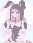  1girl animal_ears animal_hood black_leotard breasts cleavage danganronpa_(series) danganronpa_2:_goodbye_despair fake_animal_ears flipped_hair hair_ornament hands_up highres hood leotard medium_breasts medium_hair nanami_chiaki neck_ribbon official_alternate_costume playboy_bunny rabbit_ears rabbit_hood ribbon ru-pe_(gstm_0915) sitting solo spaceship_hair_ornament strapless strapless_leotard two-tone_leotard white_leotard 