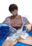  1boy bara bare_pectorals black_hair bottomless bulge comiket_96 cover cover_page covered_abs dark-skinned_male dark_skin doudanuki_masakuni doujin_cover erection erection_under_clothes feet_out_of_frame head_tilt looking_at_viewer male_focus midriff_sarashi muscular muscular_male naked_shirt nipples open_clothes open_shirt pectorals penis penis_peek pool sarashi see-through shadow shidatsu_takayuki shirt short_hair solo textless_version touken_ranbu water wet wet_clothes wet_shirt yellow_eyes 